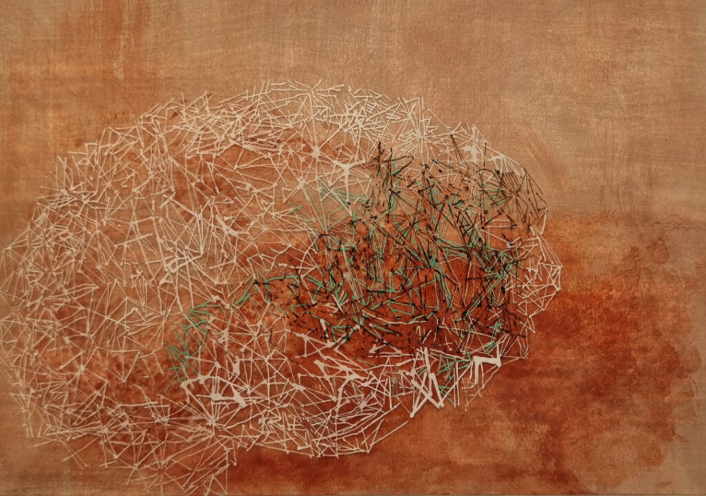 Gebilde I / Hinterglaszeichnung, Pigmente auf Papier / 2021 / 24 x 30 cm