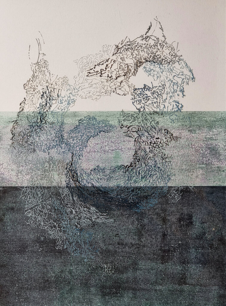 Gebilde VII / Hinterglaszeichnung, Pigmente auf Papier / 2024 / 40 x 30 cm