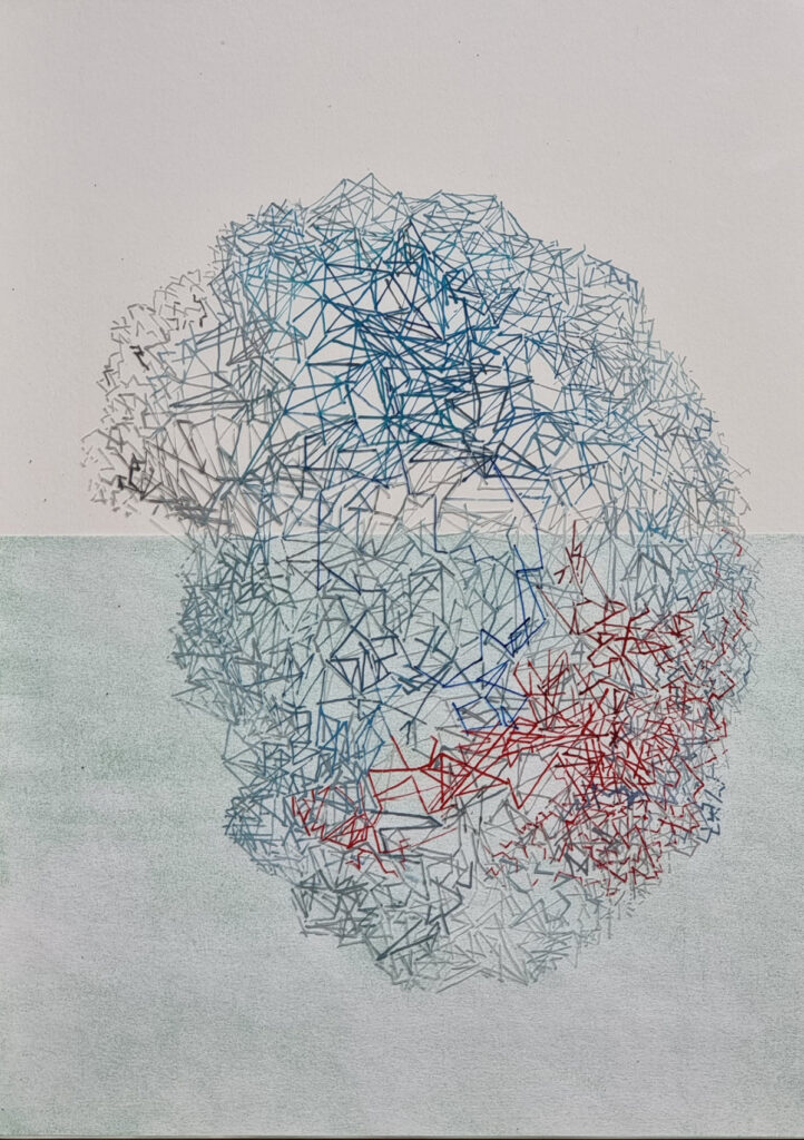 Gebilde XV / Hinterglaszeichnung, Pigmente auf Papier / 2024 / 40 x 30 cm