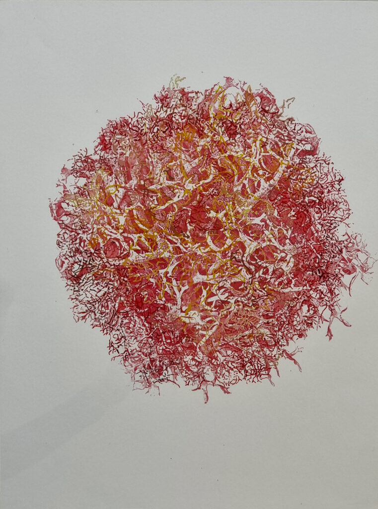 Gebilde X / Hinterglaszeichnung, Pigmente auf Papier / 2024 / 40 x 30 cm