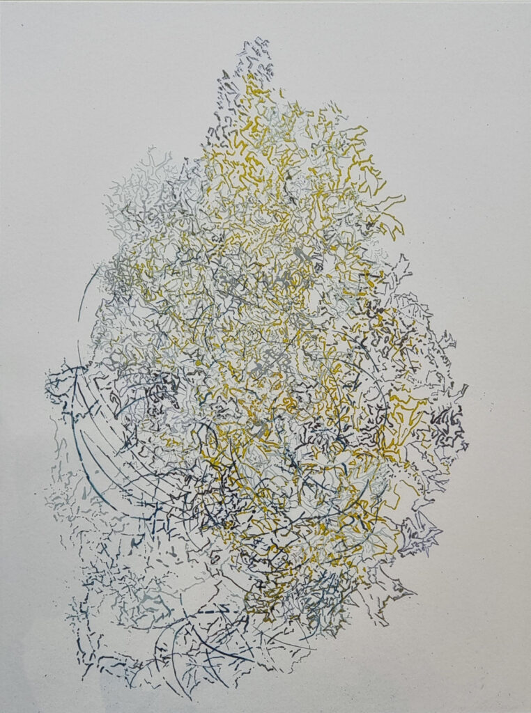 Gebilde XI / Hinterglaszeichnung, Pigmente auf Papier / 2024 / 40 x 30 cm