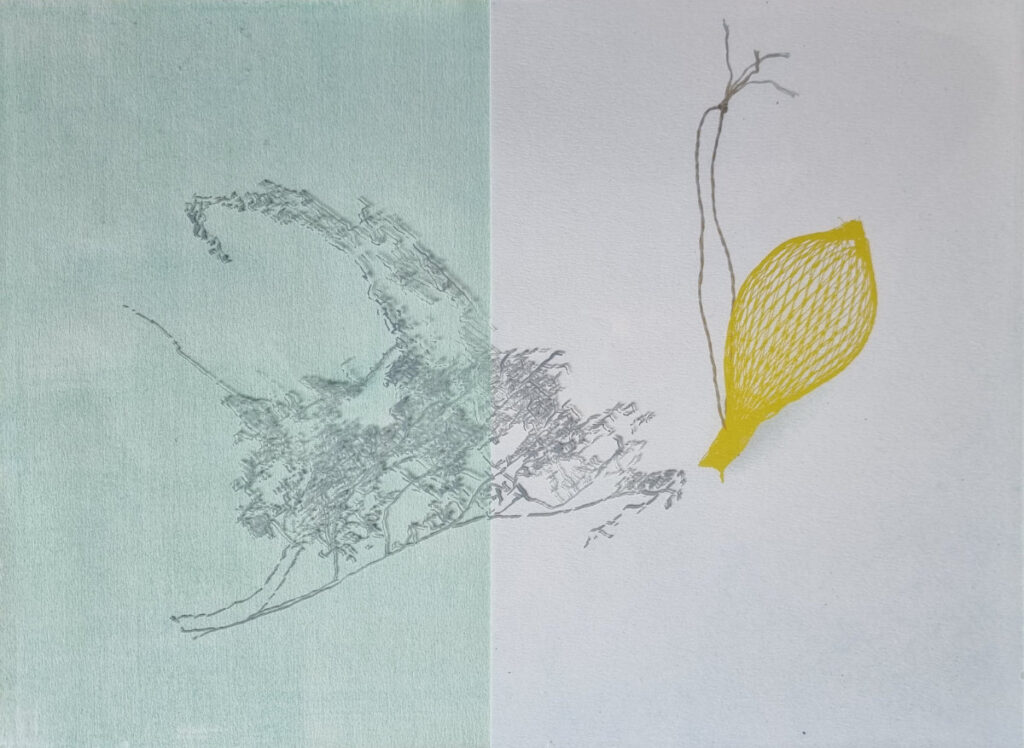 o.T. / Hinterglaszeichnung, Pigmente auf Papier / 2021 / 30 x 40 cm
